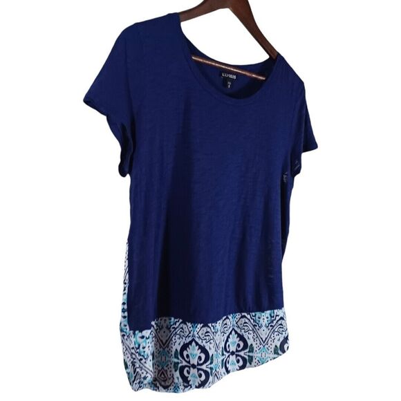 Express Women's Boho Blue Semi Sheer Layered Short Sleeve Ikat Hem Top Size M - Picture 3 of 8